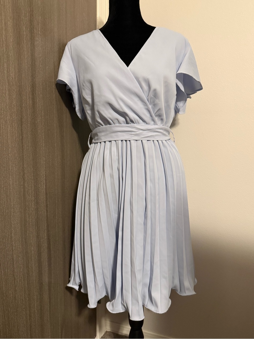 Pleated Light Blue Wrap Mini Dress